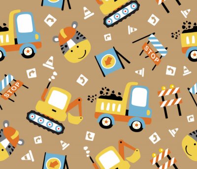 Papier peint à motif  seamless pattern cartoon of construction vehicles, construction signs  with a zebra the funny worker