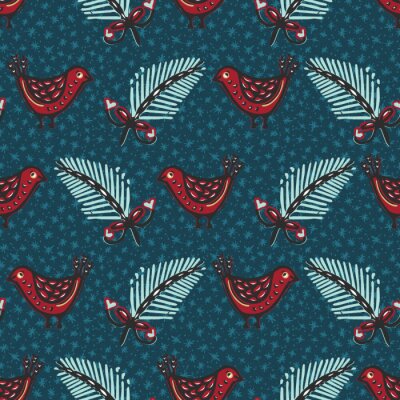 Papier peint à motif  Seamless pattern. Hand drawn Christmas robin bird background. Frosty fir snowflakes all over print. Winter holidays wrap paper. Festive winter illustration. Traditional yule home decor. Vector swatch