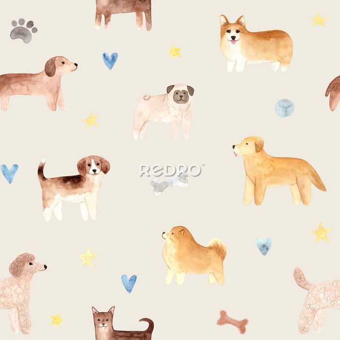 Papier peint à motif  Seamless pattern. Hand drawn watercolor dogs. Painted collection Illustration