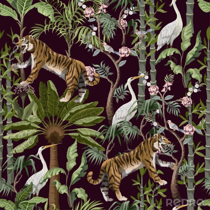 Papier peint à motif  Seamless pattern in chinoiserie style with tiger, heron and jungle trees.
