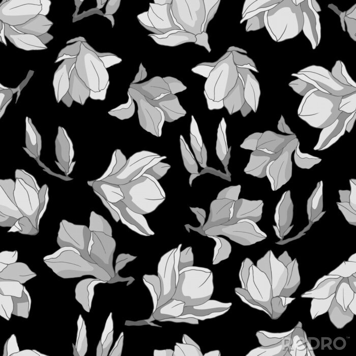 Papier peint à motif  seamless pattern in monochrome gray, with magnolia flowers, wallpaper ornament, wrapping paper