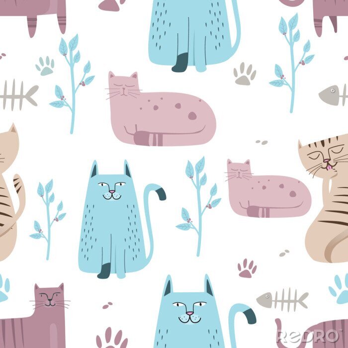 Papier peint à motif  Seamless pattern Joli chat avec caricature dessinée à la main