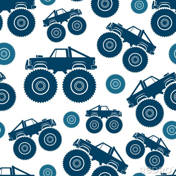 Papier peint à motif  Seamless pattern. Monster Truck Vector drawing. Isolated object on a white background. Texture.
