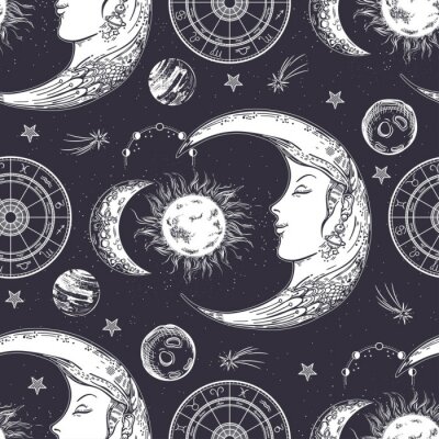 Papier peint à motif  Seamless pattern. Moon face, phases of the moon, sun and crescent. Zodiac circle.