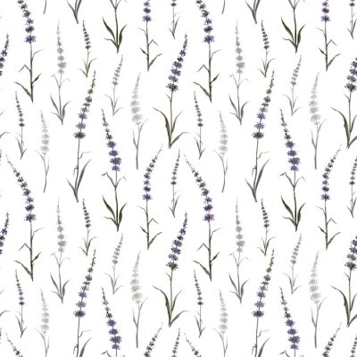 Papier peint à motif  Seamless pattern of abstract plants similar to mint or lavender on a white background, watercolor drawing, print for fabric and other designs.
