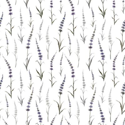 Papier peint à motif  Seamless pattern of abstract plants similar to mint or lavender on a white background, watercolor drawing, print for fabric and other designs.