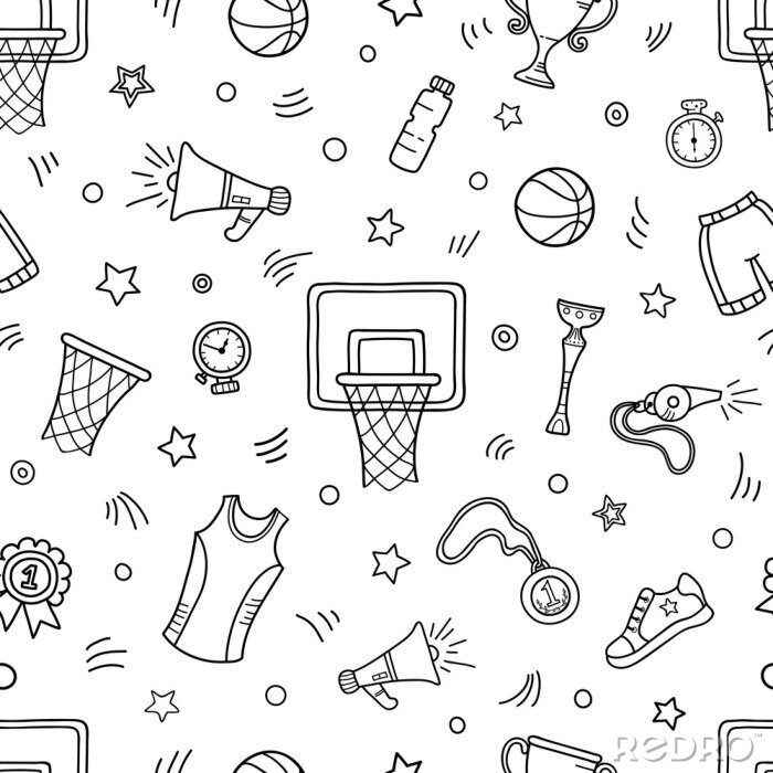 Papier peint à motif  Seamless pattern of basketball objects and symbols. Basketball themed doodle.
