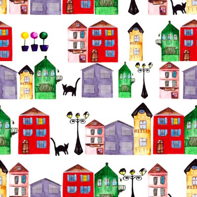 Papier peint à motif  Seamless pattern of colored houses. Amsterdam Street.