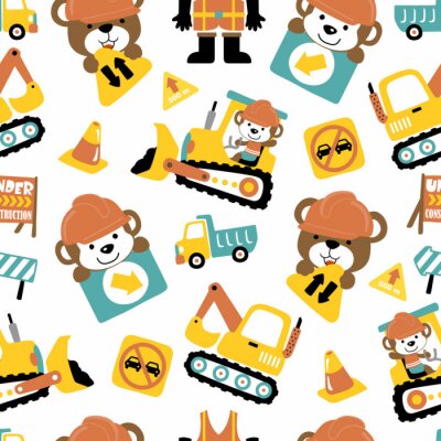 Papier peint à motif  Seamless pattern of construction vehicle cartoon with funny animals woorker