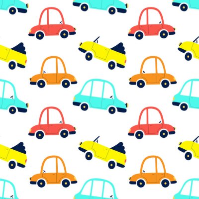Papier peint à motif  Seamless pattern of cute cars, print for fabric, gift paper, textiles, wallpaper. Vector illustration for kids.