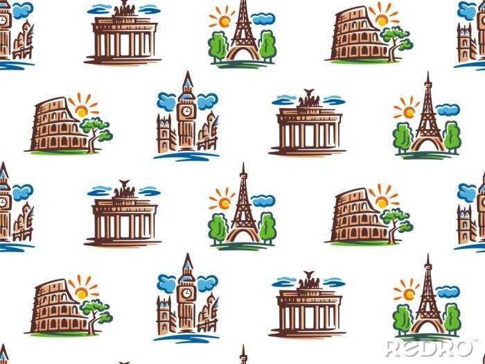 Papier peint à motif  Seamless pattern of European attractions. Vector illustration of European capitals.