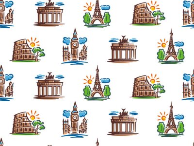 Papier peint à motif  Seamless pattern of European attractions. Vector illustration of European capitals.