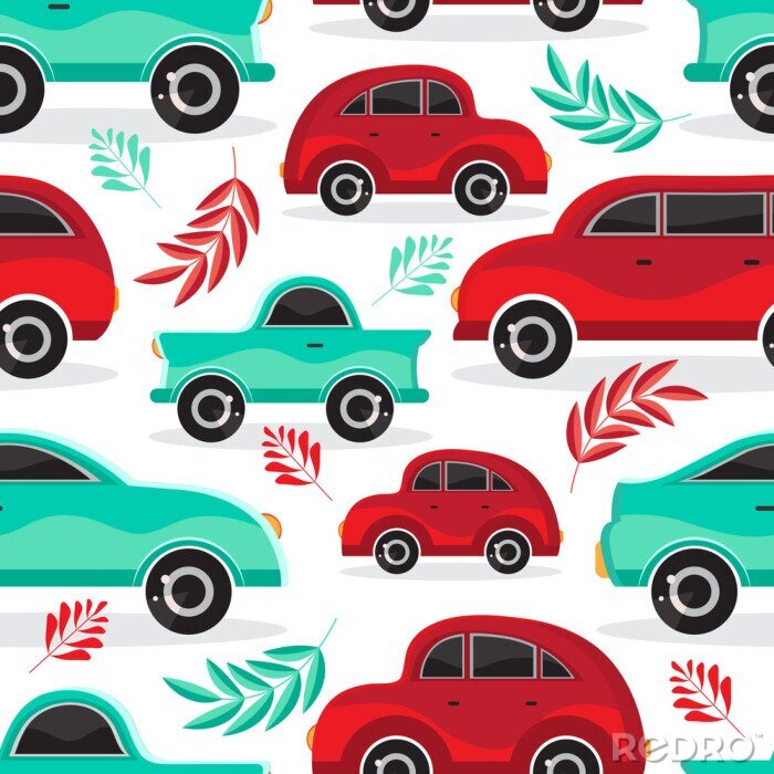 Papier peint à motif  Seamless pattern of green and red cartoon car in flat vector. Transport vehicle. Children's cute background toy car. Fun design for textiles, paper, fabric, packaging, Wallpaper,