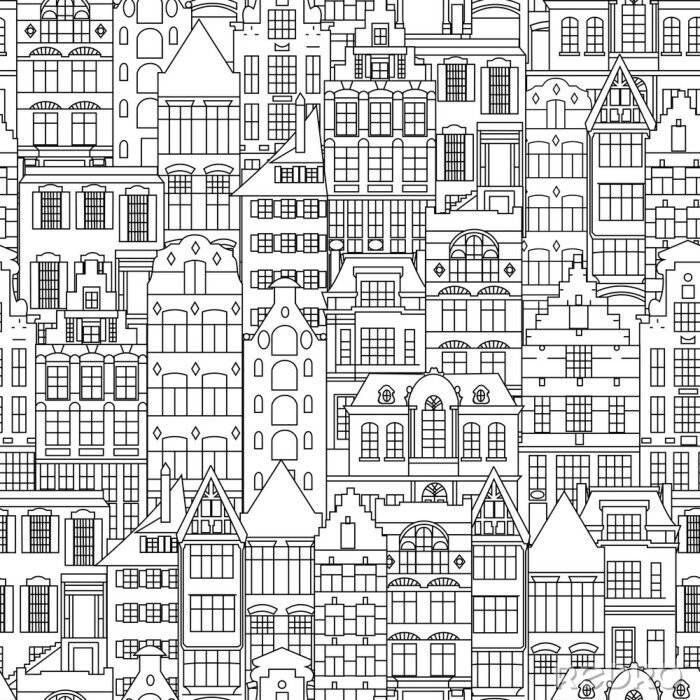 Papier peint à motif  Seamless pattern of Holland old houses facades. Traditional architecture of Netherlands. Line style black and white vector isolated illustrations in the Dutch style. For coloring, design, background.