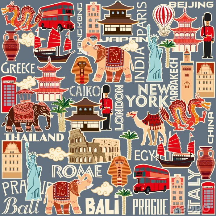 Papier peint à motif  Seamless pattern of tourist attractions and objects of different countries. Vector color graphics
