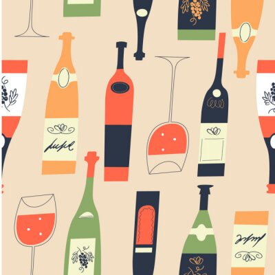 Papier peint à motif  Seamless pattern of wine bottles and glasses. Vector illustration.