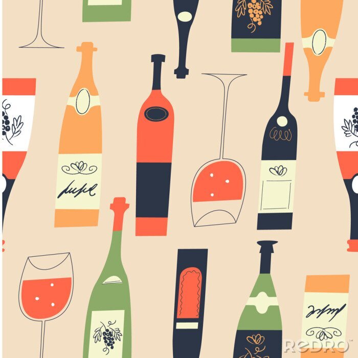 Papier peint à motif  Seamless pattern of wine bottles and glasses. Vector illustration.