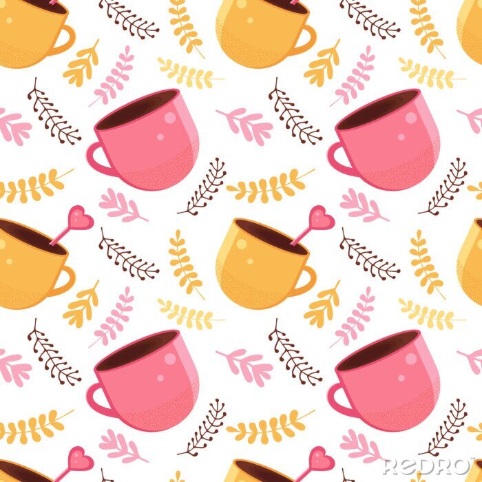 Papier peint à motif  Seamless pattern of yellow and pink color with a mug of hot chocolate, cocoa or coffee with a spoon in the shape of a heart. Warming winter drink in the vector. Background for textile, paper, fabric.