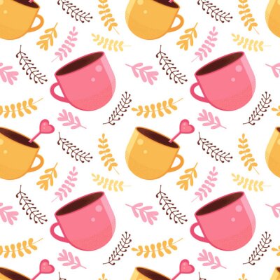 Papier peint à motif  Seamless pattern of yellow and pink color with a mug of hot chocolate, cocoa or coffee with a spoon in the shape of a heart. Warming winter drink in the vector. Background for textile, paper, fabric.