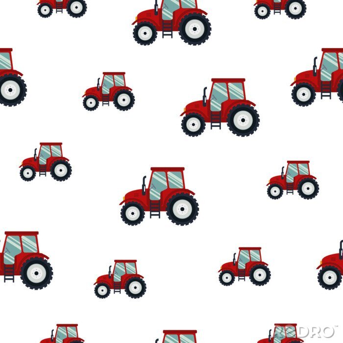 Papier peint à motif  Seamless pattern red tractor on white background. Agricultural transport for farm in flat style - vector illustration. Farming vehicle