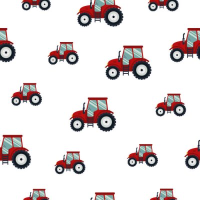Papier peint à motif  Seamless pattern red tractor on white background. Agricultural transport for farm in flat style - vector illustration. Farming vehicle