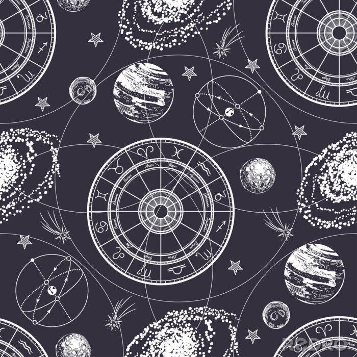Papier peint à motif  Seamless pattern. Signs of the zodiac, ecliptic, stars, galaxies and planets.