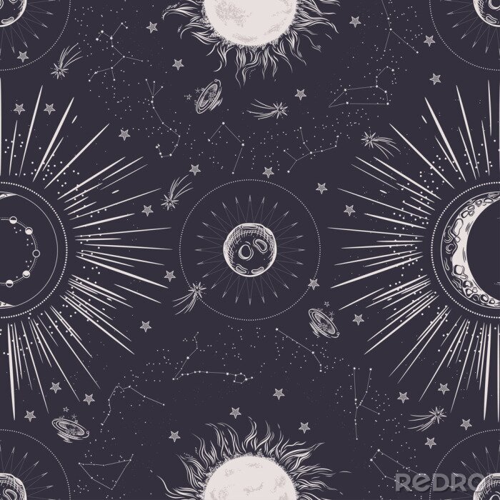 Papier peint à motif  Seamless pattern. Signs of the zodiac, phases of the moon, sun and moon. Engraving style. Vintage background.