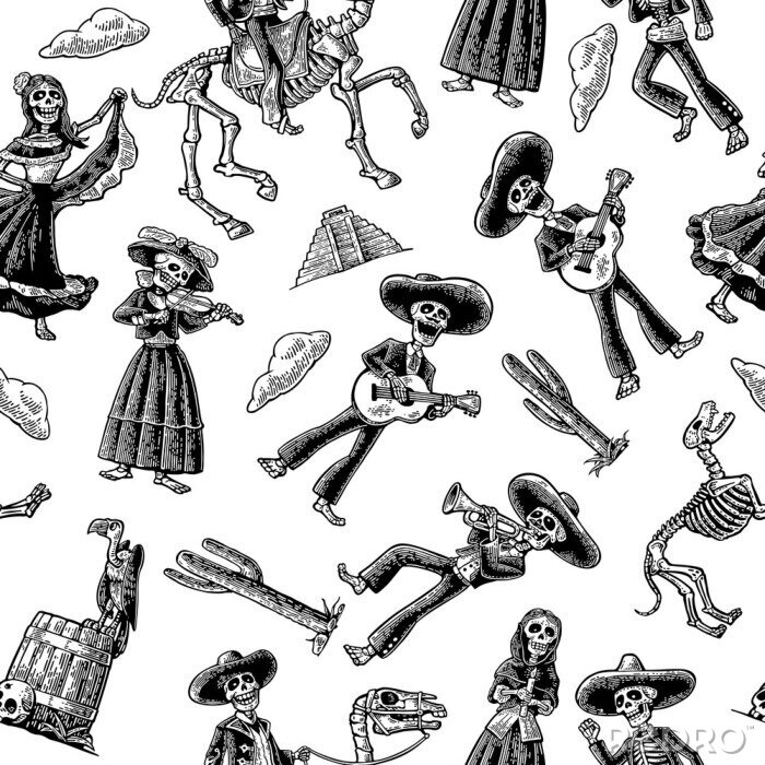 Papier peint à motif  Seamless pattern skeleton in Mexican national costumes. Vintage vector black engraving