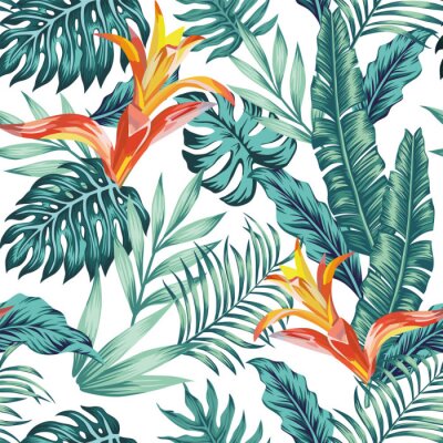 Papier peint à motif  Seamless pattern tropical leaves flowers white background