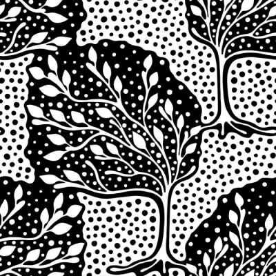 Papier peint à motif  Seamless pattern, vecteur main dessinée répéter illustration, ornement décoratif stylisé arbres sans fin. Illustration noire et blanche d'illustration de seamles d'astract. Artistique silhouette dessi