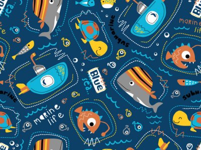 Papier peint à motif  seamless pattern vector of submarine with sea animals cartoon