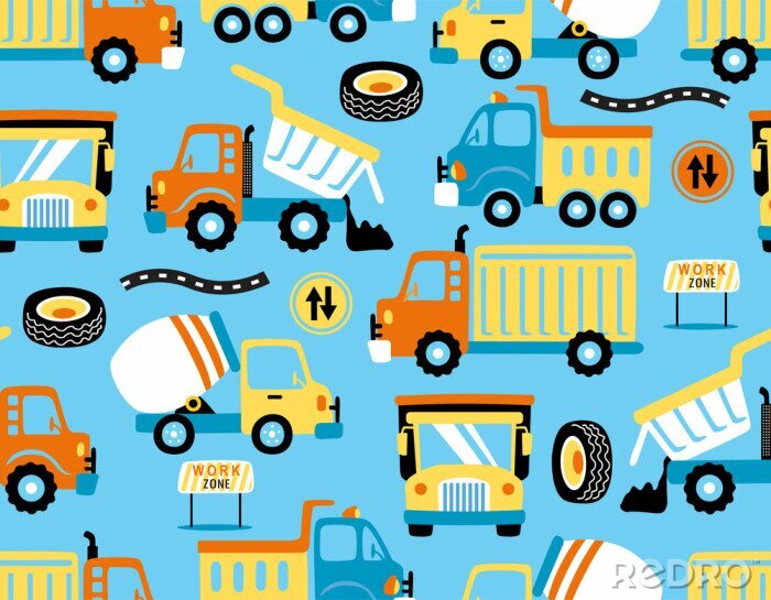 Papier peint à motif  seamless pattern vector of trucks cartoon with traffic signs