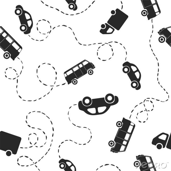 Papier peint à motif  Seamless pattern - voitures. Noir sur blanc