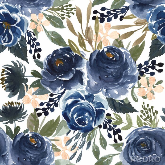 Papier peint à motif  seamless pattern watercolor flower navy blue