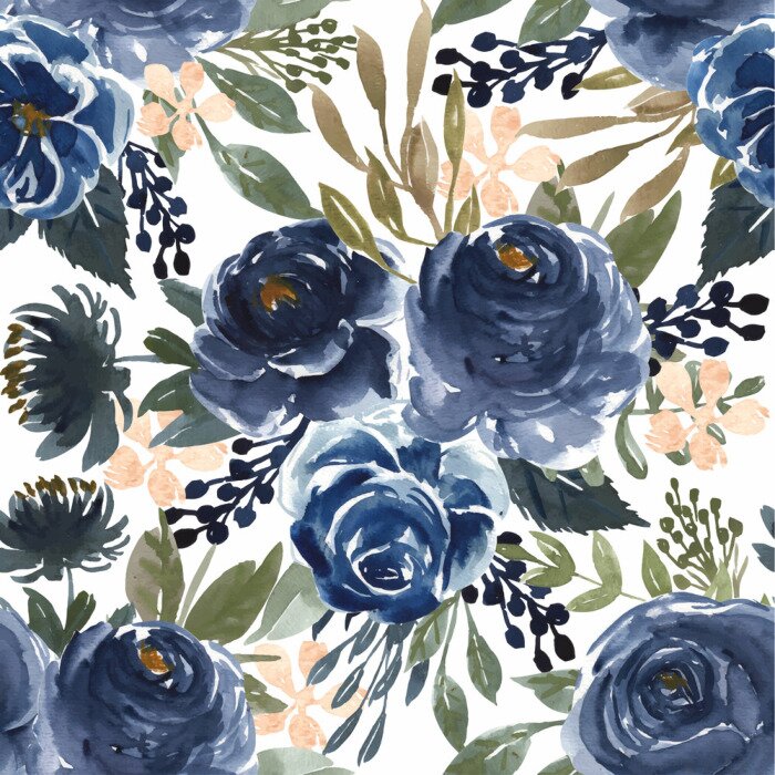 Papier peint à motif  seamless pattern watercolor flower navy blue