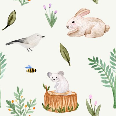 Papier peint à motif  Seamless pattern. Watercolor hare, bird, mouse, stump, bush, bee, tree, flowers, leaves, branches, rabbit.