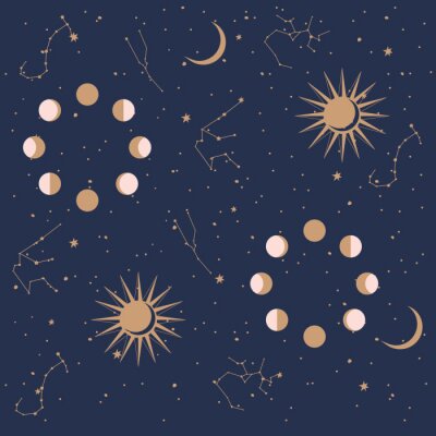Seamless pattern with Astrology and Space concept. Minimalistic objects made in the style of one line. Editable vector illustration.