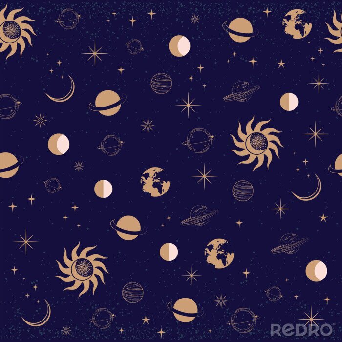 Papier peint à motif  Seamless pattern with Astrology and Space concept. Minimalistic objects made in the style of one line. Editable vector illustration.
