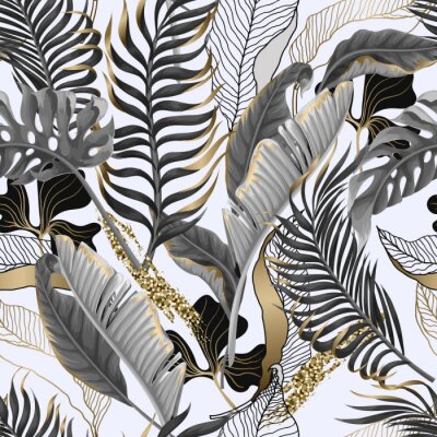 Papier peint à motif  Seamless pattern with black and white tropical leaves and golden elements. Vector.