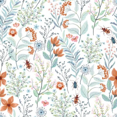 Seamless pattern with brown and turquoise beetles, abstract flowers, branches, leaves. Vector floral illustration on white background. Cute template for swatch.