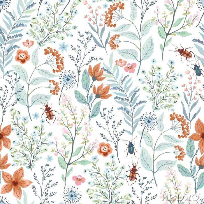 Papier peint à motif  Seamless pattern with brown and turquoise beetles, abstract flowers, branches, leaves. Vector floral illustration on white background. Cute template for swatch.