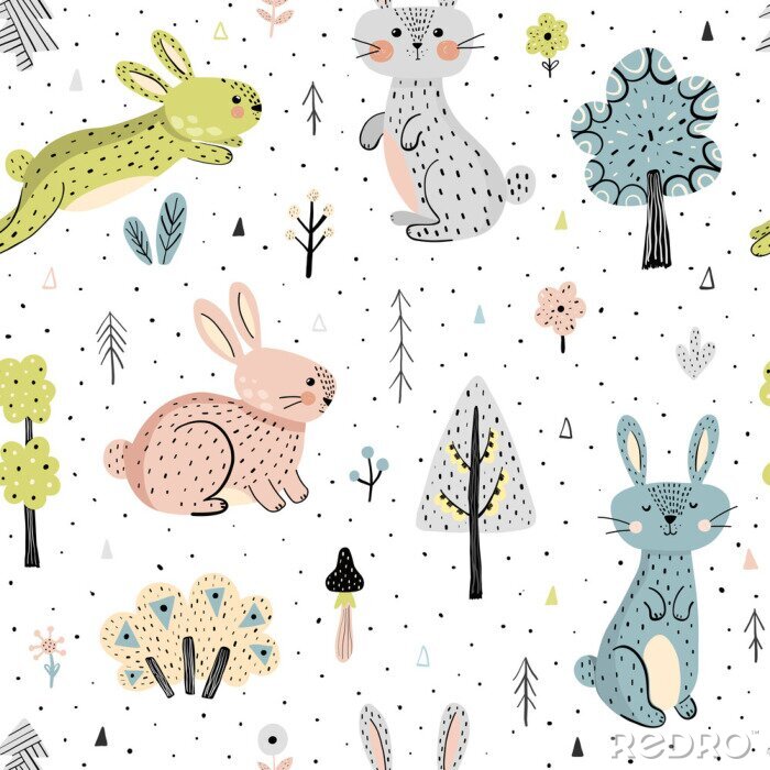 Papier peint à motif  Seamless pattern with bunnies in the forest. Childish background in modern scandinavian style. Vector illustration