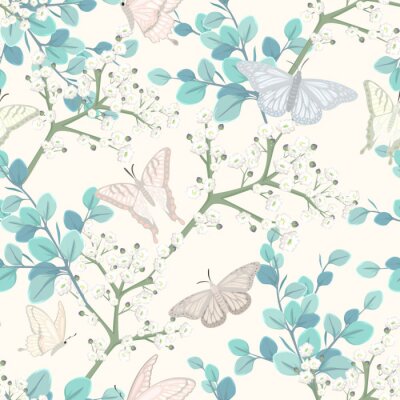 Papier peint à motif  seamless pattern with butterflies and white flowers