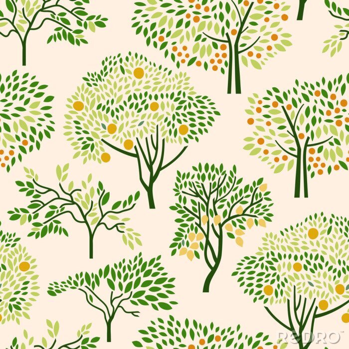 Papier peint à motif  Seamless pattern with citrus trees mandarin, orange, lemon. Surface design. Vector illustration.