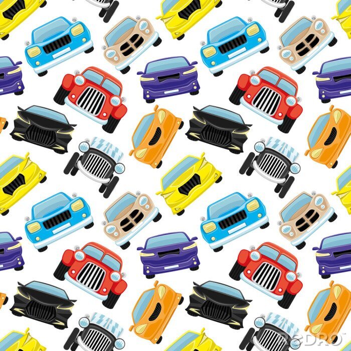 Papier peint à motif  Seamless pattern with colored cars on a white background.