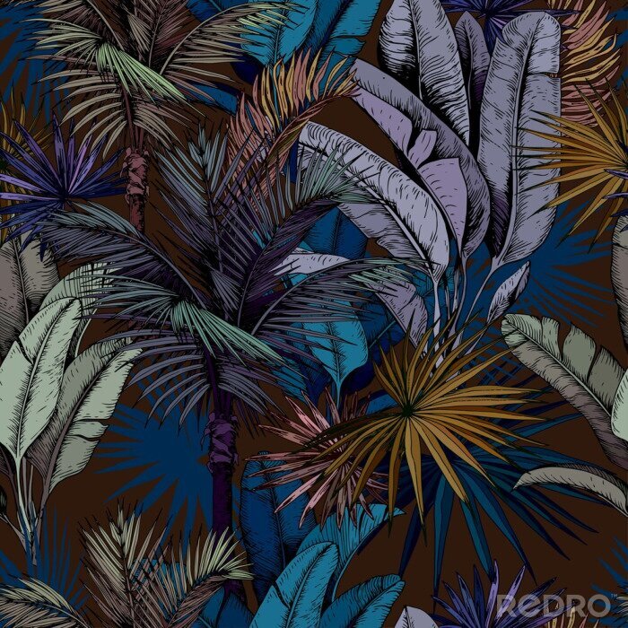 Papier peint à motif  Seamless pattern with colorful tropical leaves on dark blue background. Hand drawn vector illustration.