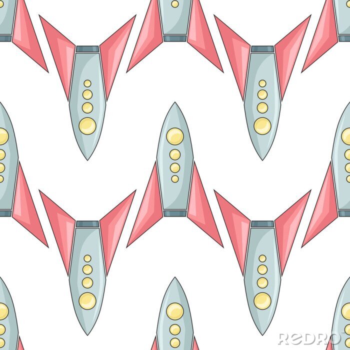 Papier peint à motif  Seamless pattern with  coloring childish spacecraft on white background. Linear drawing of shuttles in row. Vector texture with starships for wallpaper and your design.