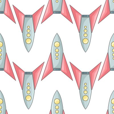 Papier peint à motif  Seamless pattern with  coloring childish spacecraft on white background. Linear drawing of shuttles in row. Vector texture with starships for wallpaper and your design.