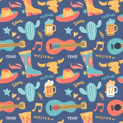 Papier peint à motif  Seamless pattern with country music elements. Music background. Vector flat hand drawn doodle illustration