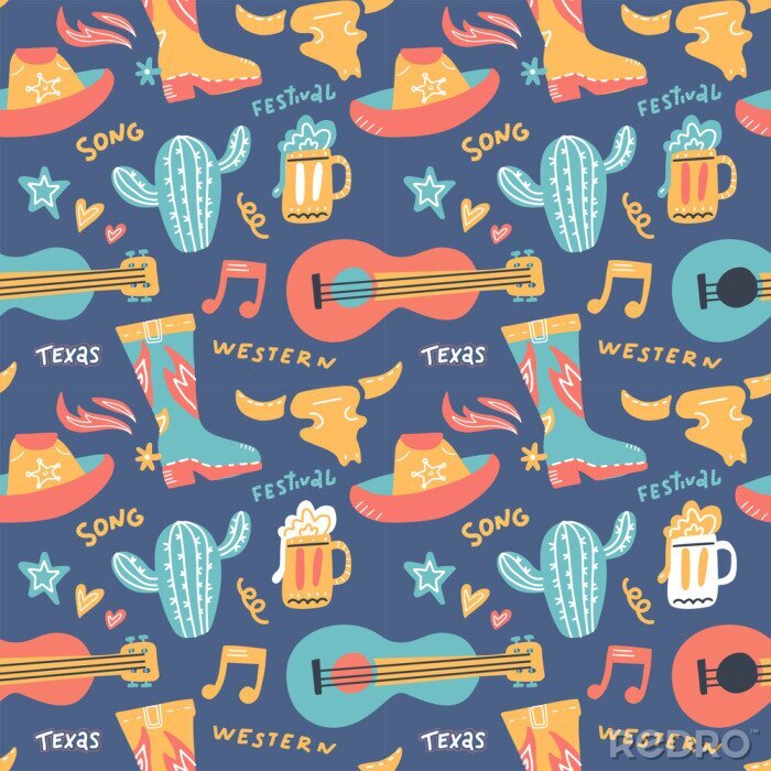 Papier peint à motif  Seamless pattern with country music elements. Music background. Vector flat hand drawn doodle illustration